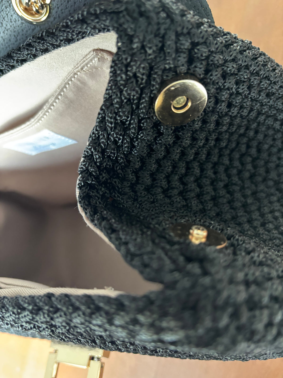 Black Crochet Shoulder Bag with Leopard-Print Eco-Leather Flap
