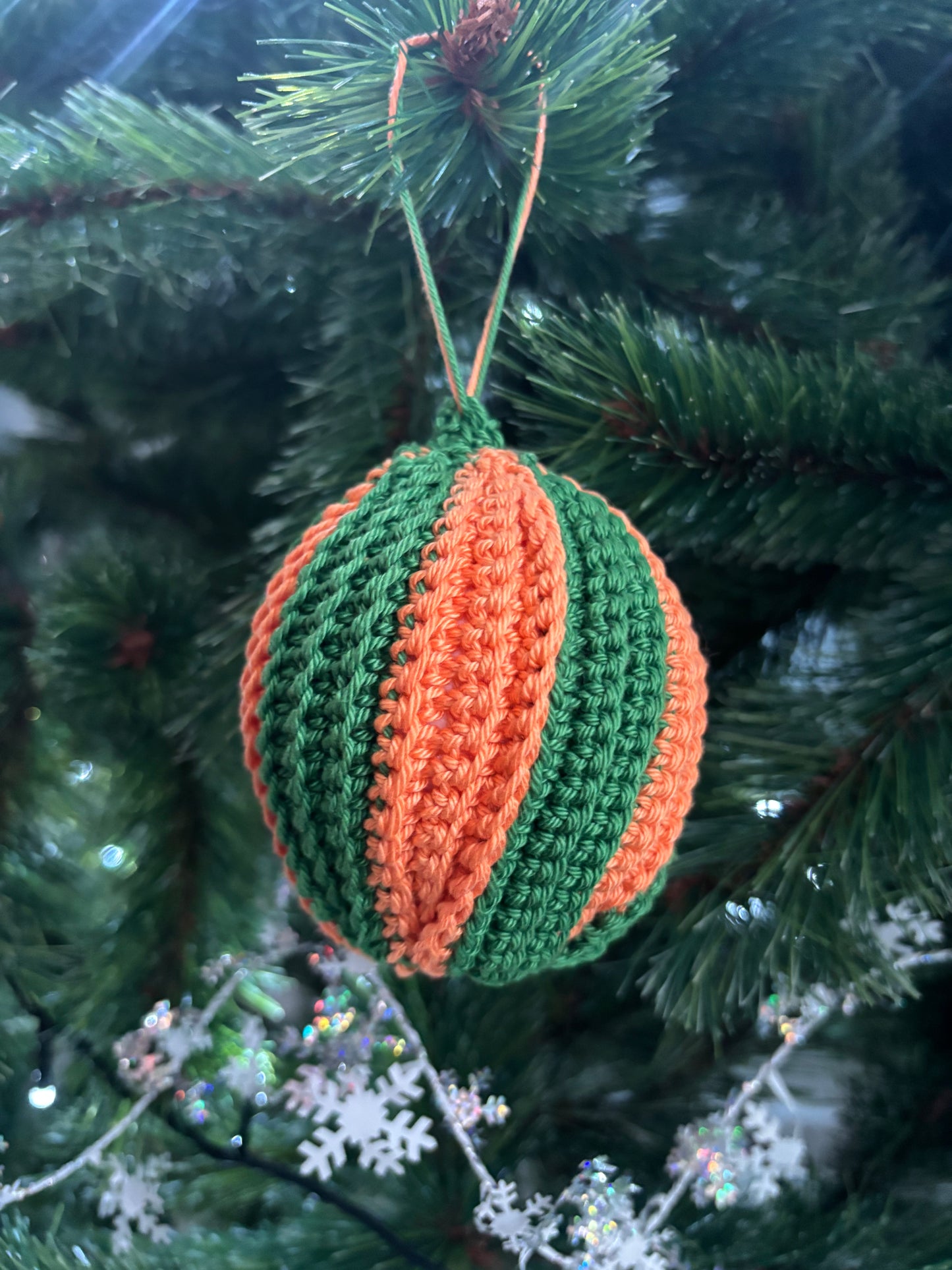 Handmade Crochet Christmas Bauble Ornament – Green & Orange | 8 cm