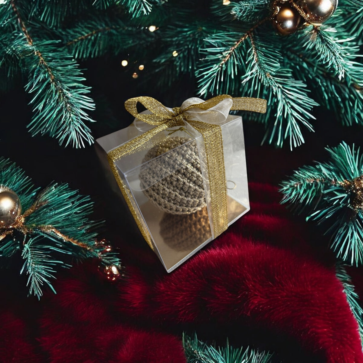 Handmade Crochet Christmas Bauble – Beige Glitter | 7 cm