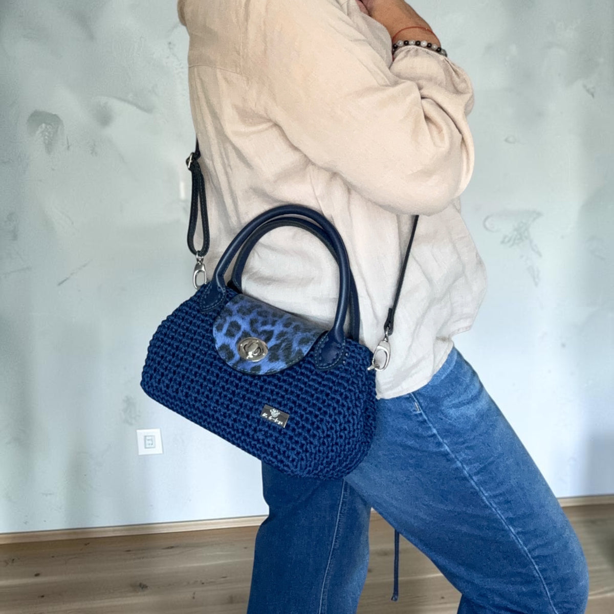 Navy Blue Crochet Handbag with Eco-Leather Details
