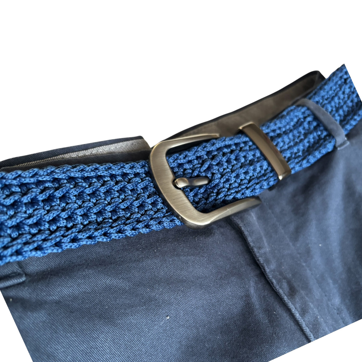 Men’s Handmade Crochet Belt – Navy Blue with Dark Metal Buckle