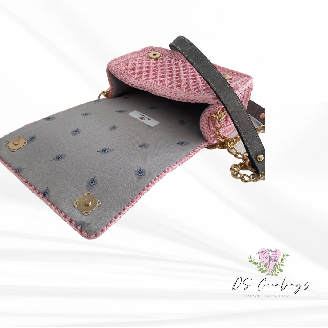 Charming pink colour mini handbag with long gold metal / ECO leather combination chain