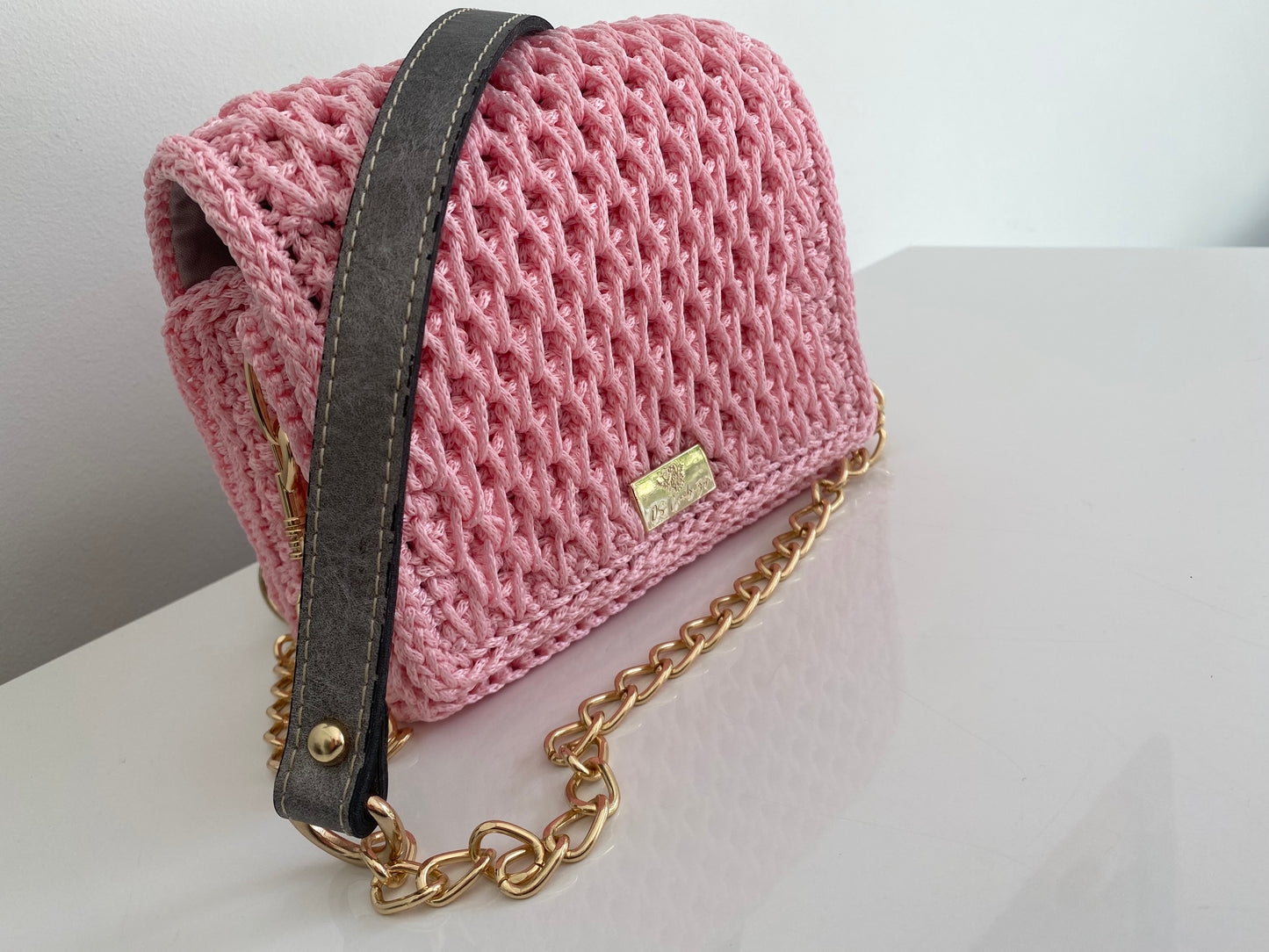 Charming pink colour mini handbag with long gold metal / ECO leather combination chain