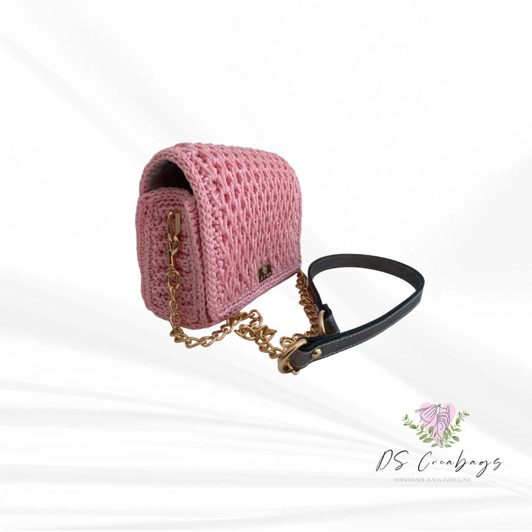 Charming pink colour mini handbag with long gold metal / ECO leather combination chain