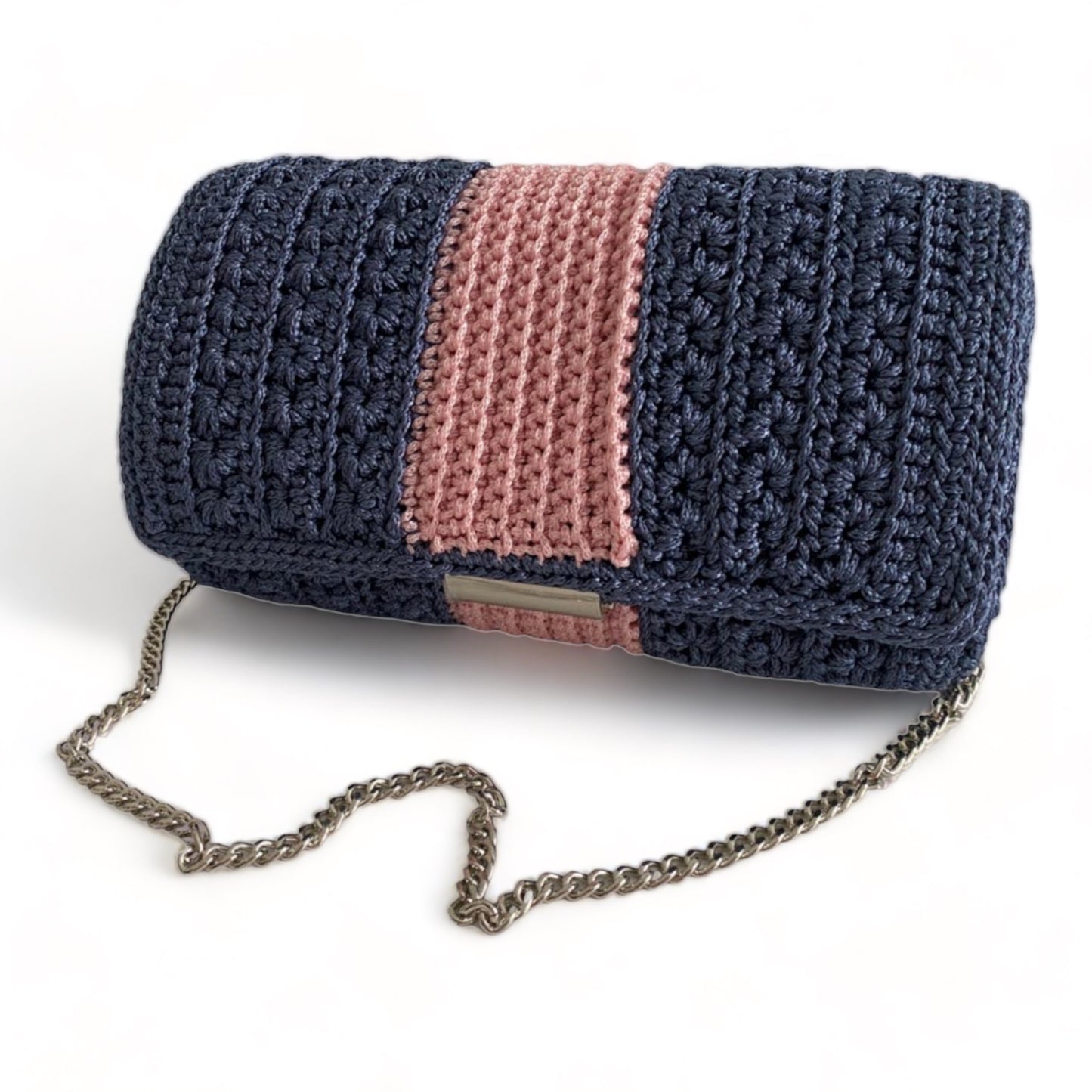 Claudia - Blue with pink stripe shoulder handbag with silver metal chain