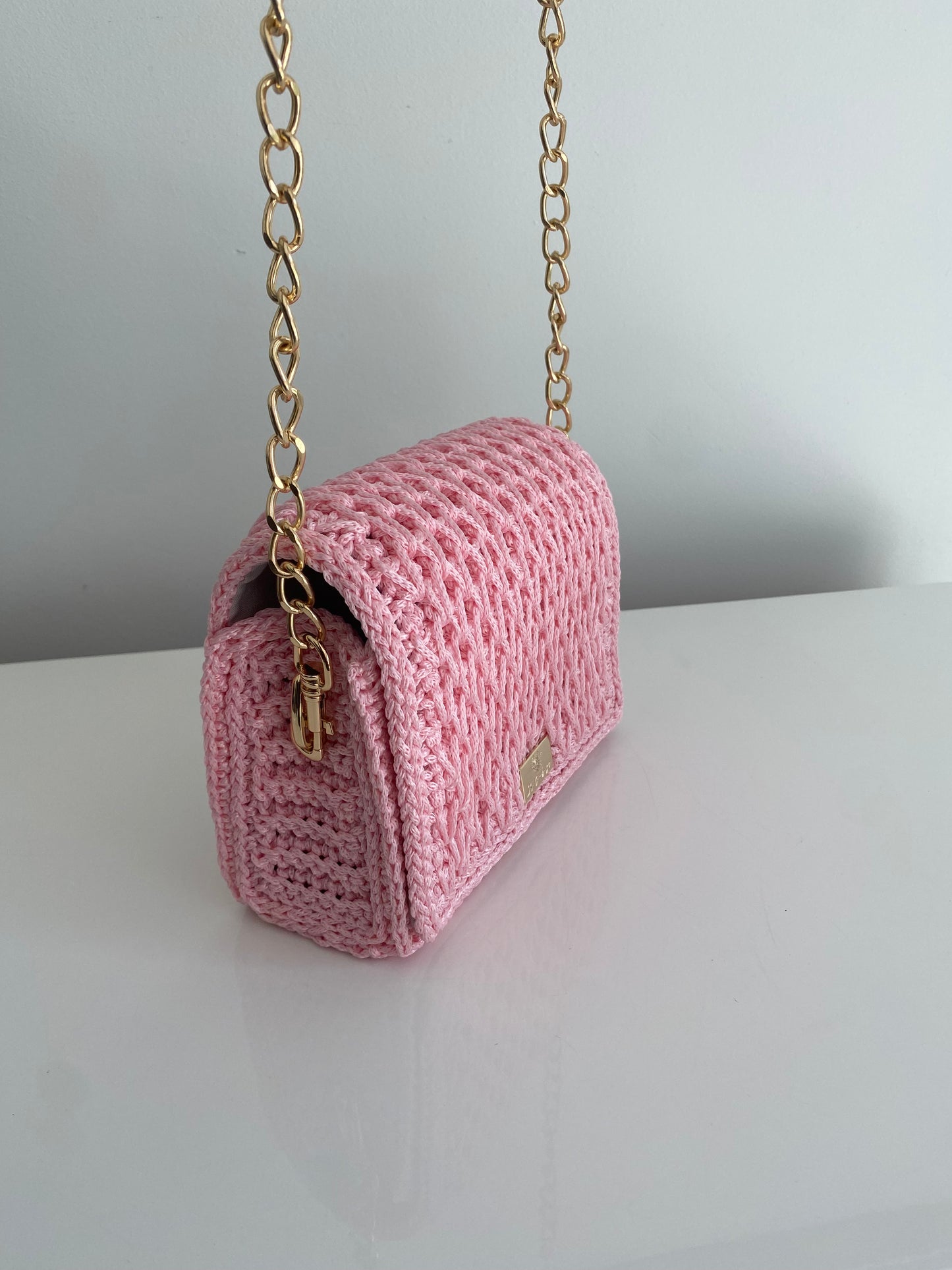 Charming pink colour mini handbag with long gold metal / ECO leather combination chain