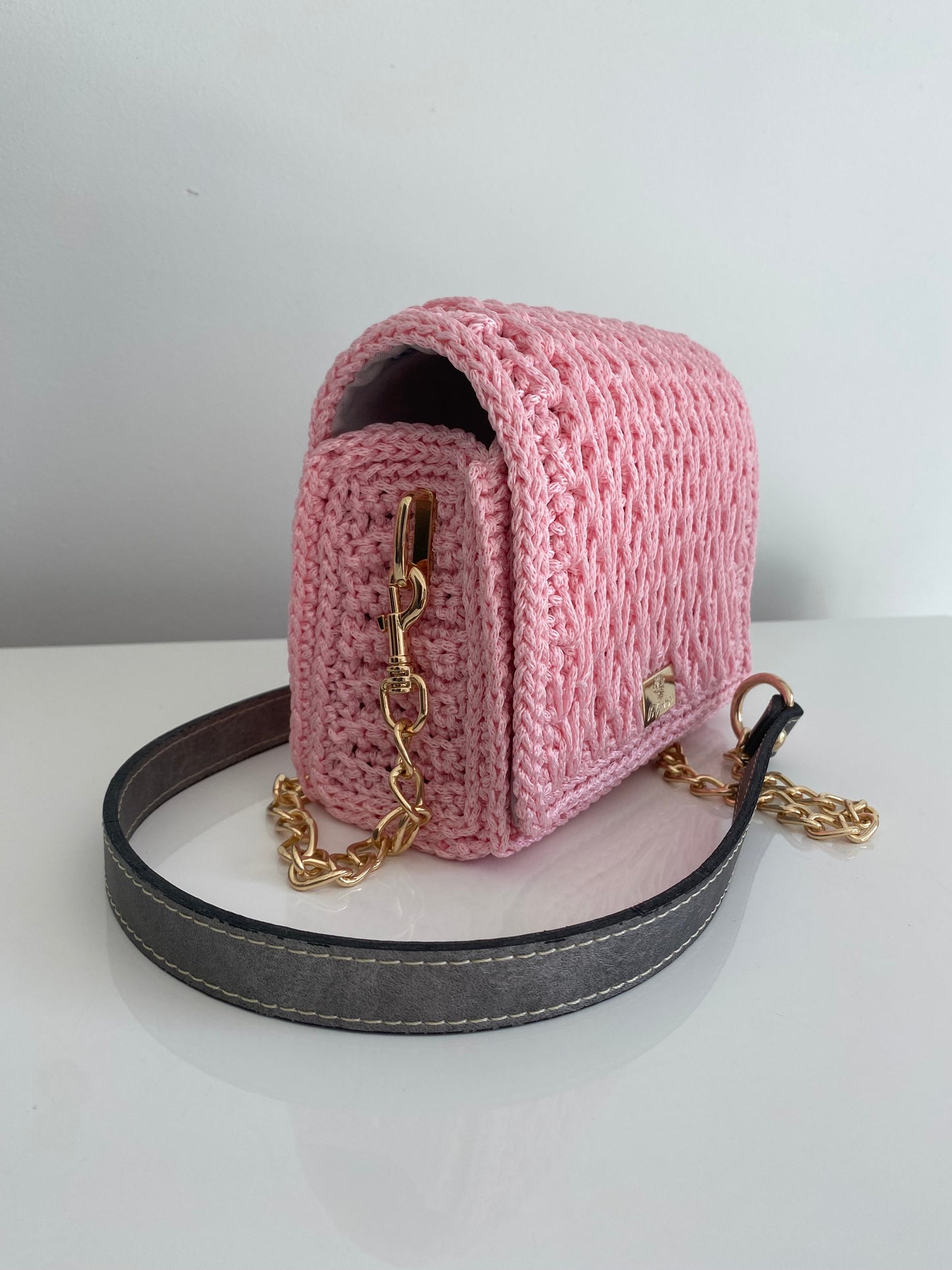 Charming pink colour mini handbag with long gold metal / ECO leather combination chain