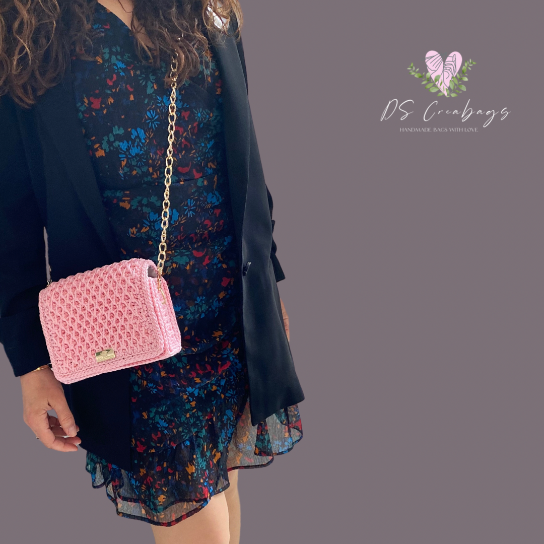 Charming pink colour mini handbag with long gold metal / ECO leather combination chain