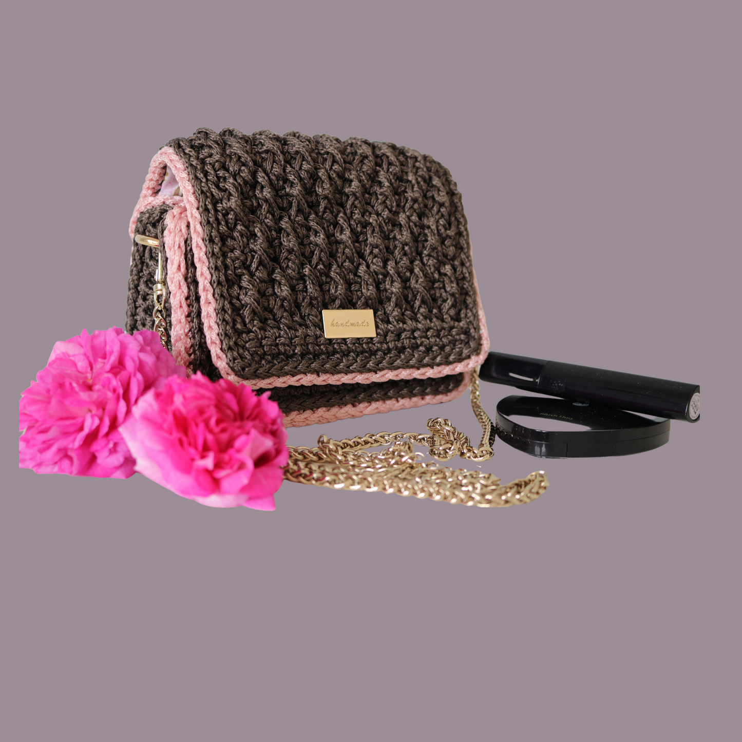 Mini Brown Handbag with long metal chain