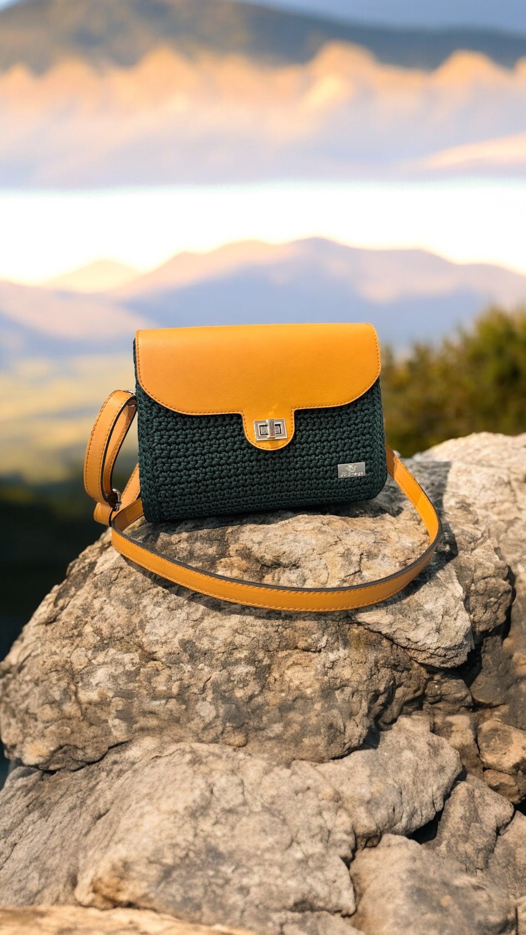 Artisan Crochet Crossbody Bag with Vegan Leather Flap