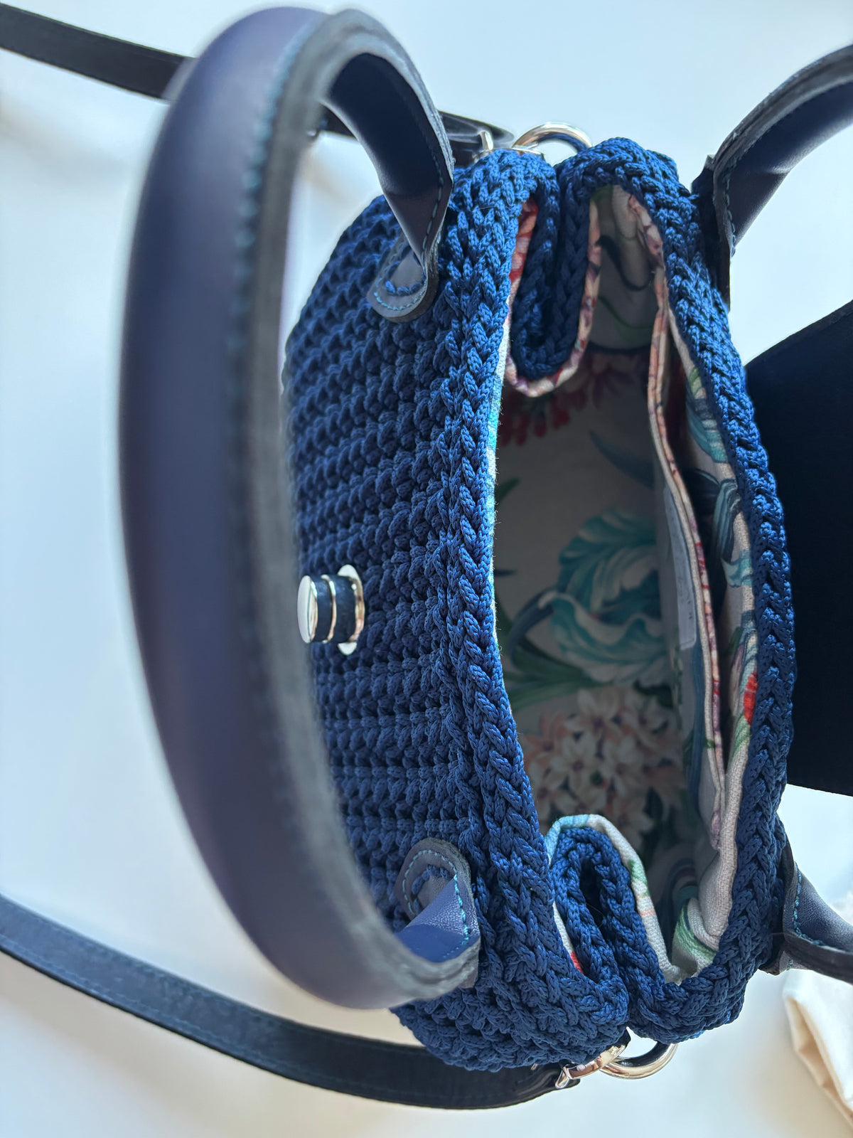 Navy Blue Crochet Handbag with Eco-Leather Details