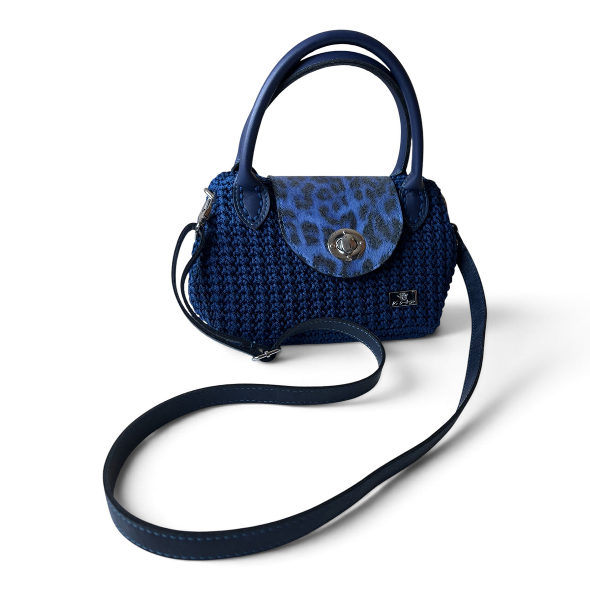 Navy Blue Crochet Handbag with Eco-Leather Details