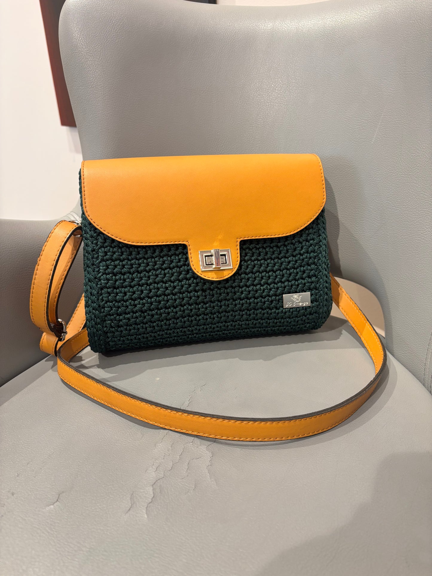 Artisan Crochet Crossbody Bag with Vegan Leather Flap