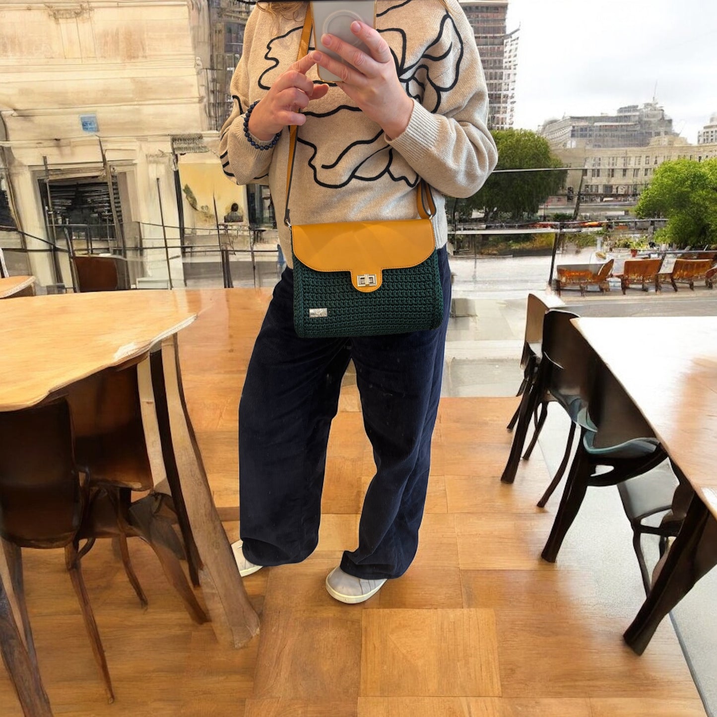 Artisan Crochet Crossbody Bag with Vegan Leather Flap