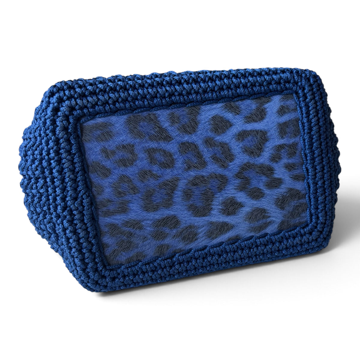 Navy Blue Crochet Handbag with Eco-Leather Details