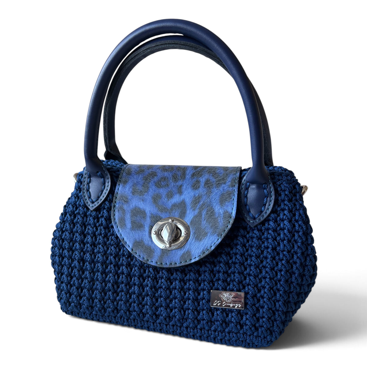Navy Blue Crochet Handbag with Eco-Leather Details