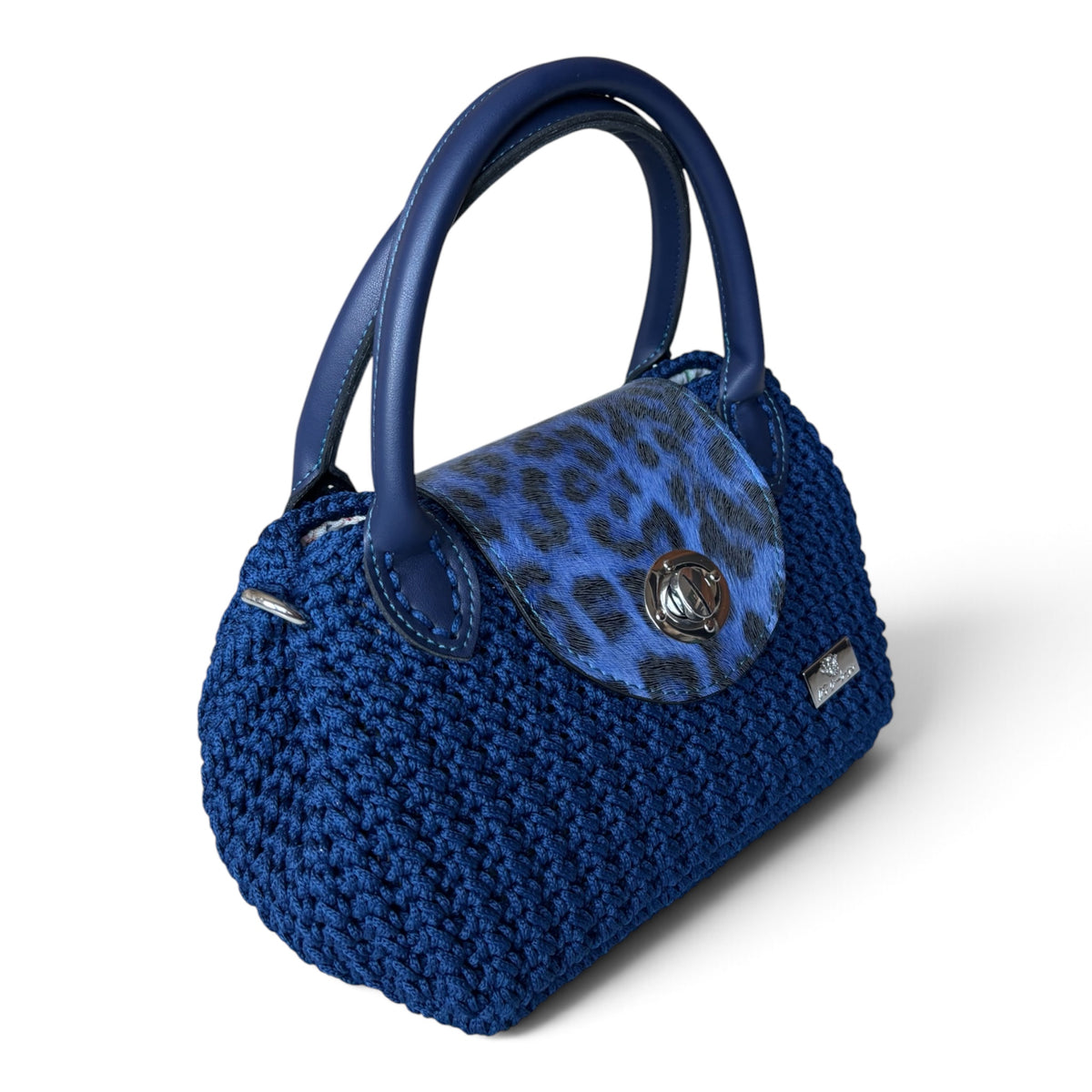 Navy Blue Crochet Handbag with Eco-Leather Details