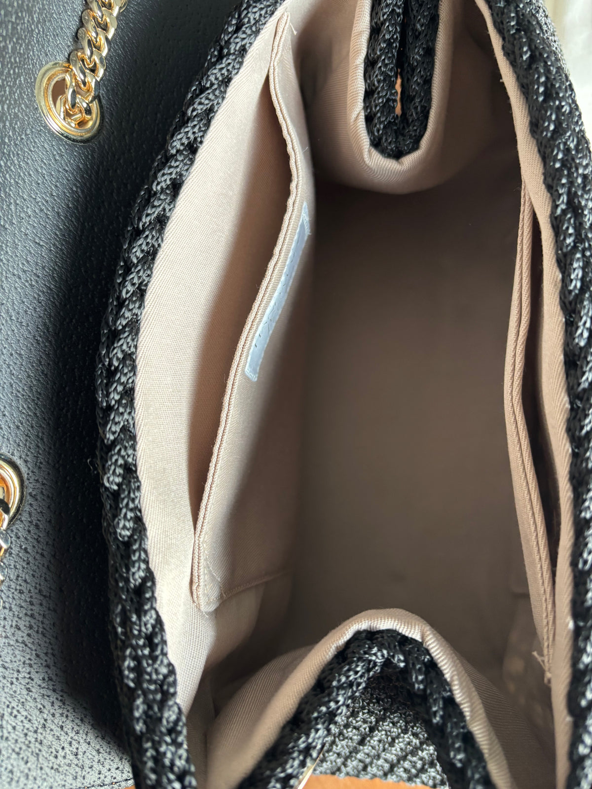 Black Crochet Shoulder Bag with Leopard-Print Eco-Leather Flap