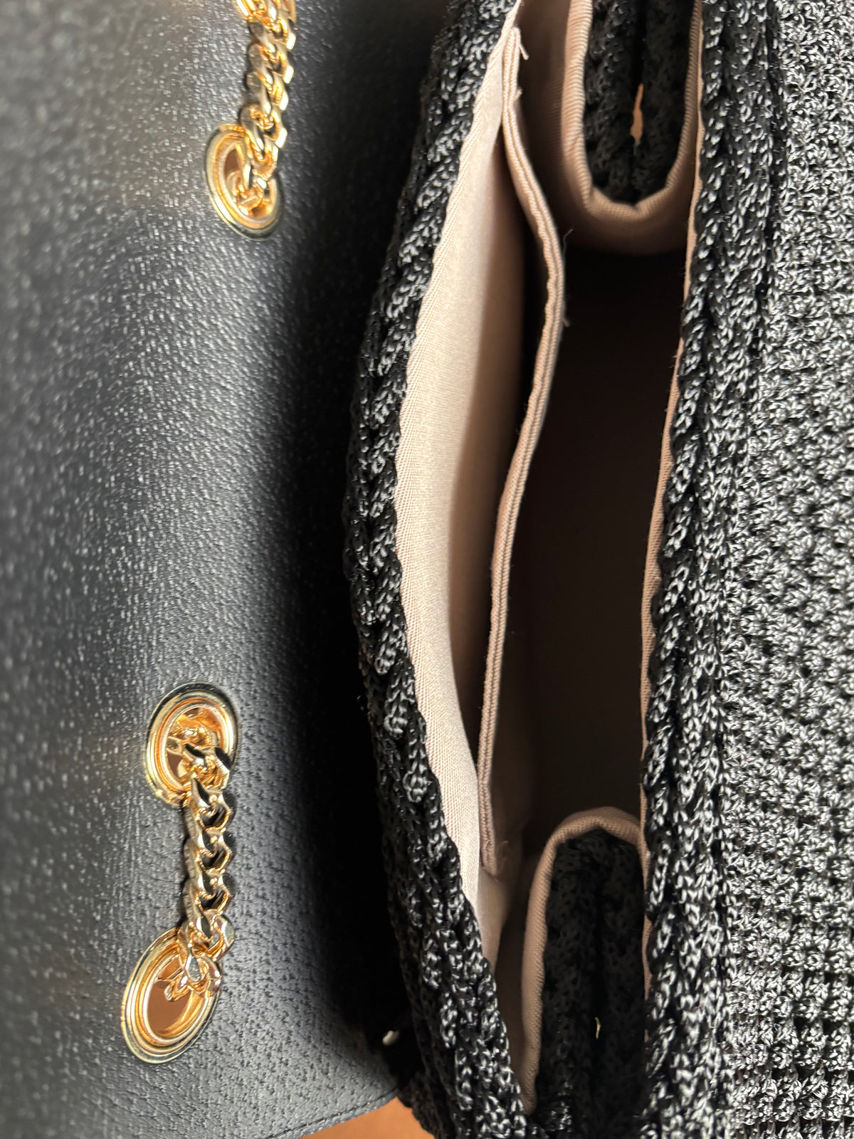Black Crochet Shoulder Bag with Leopard-Print Eco-Leather Flap
