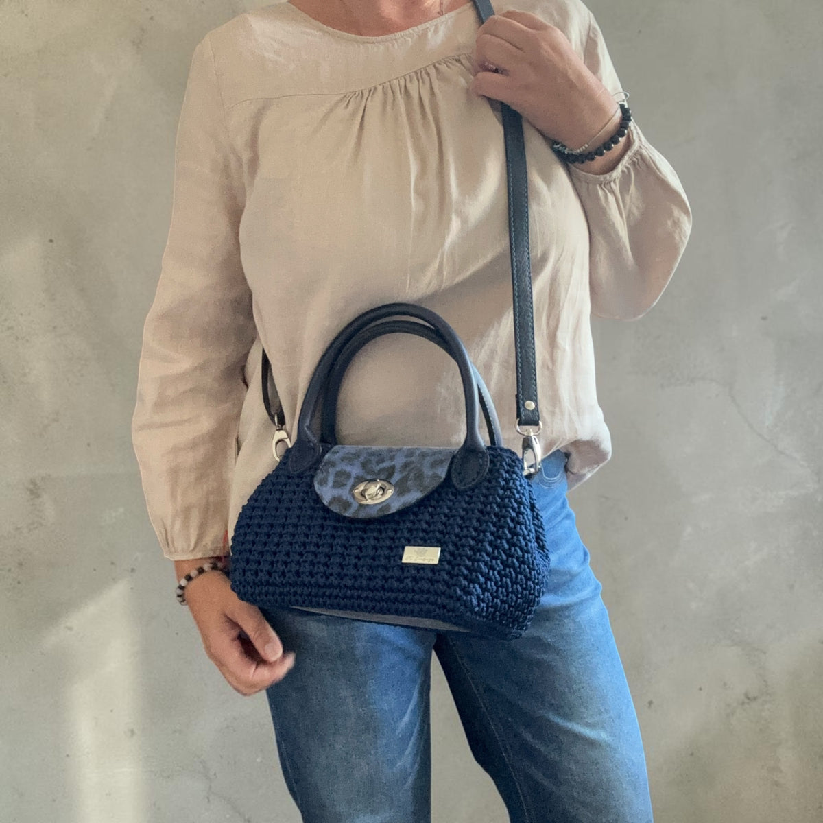 Navy Blue Crochet Handbag with Eco-Leather Details
