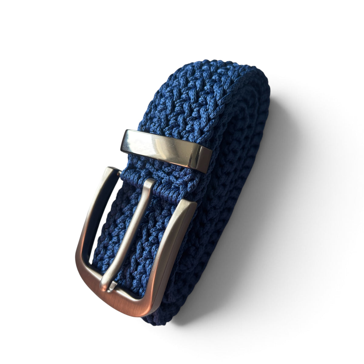 Men’s Handmade Crochet Belt – Navy Blue with Dark Metal Buckle