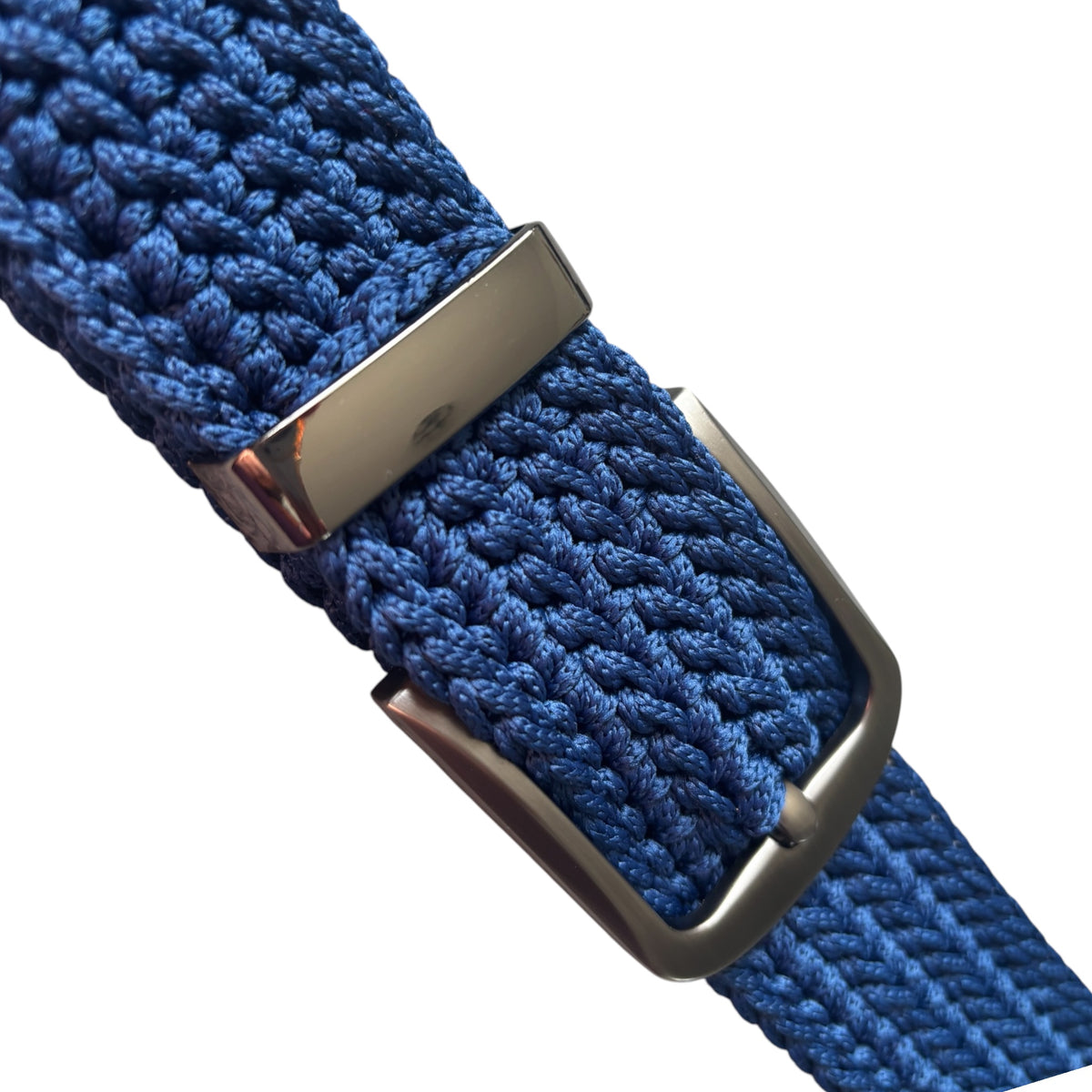 Men’s Handmade Crochet Belt – Navy Blue with Dark Metal Buckle