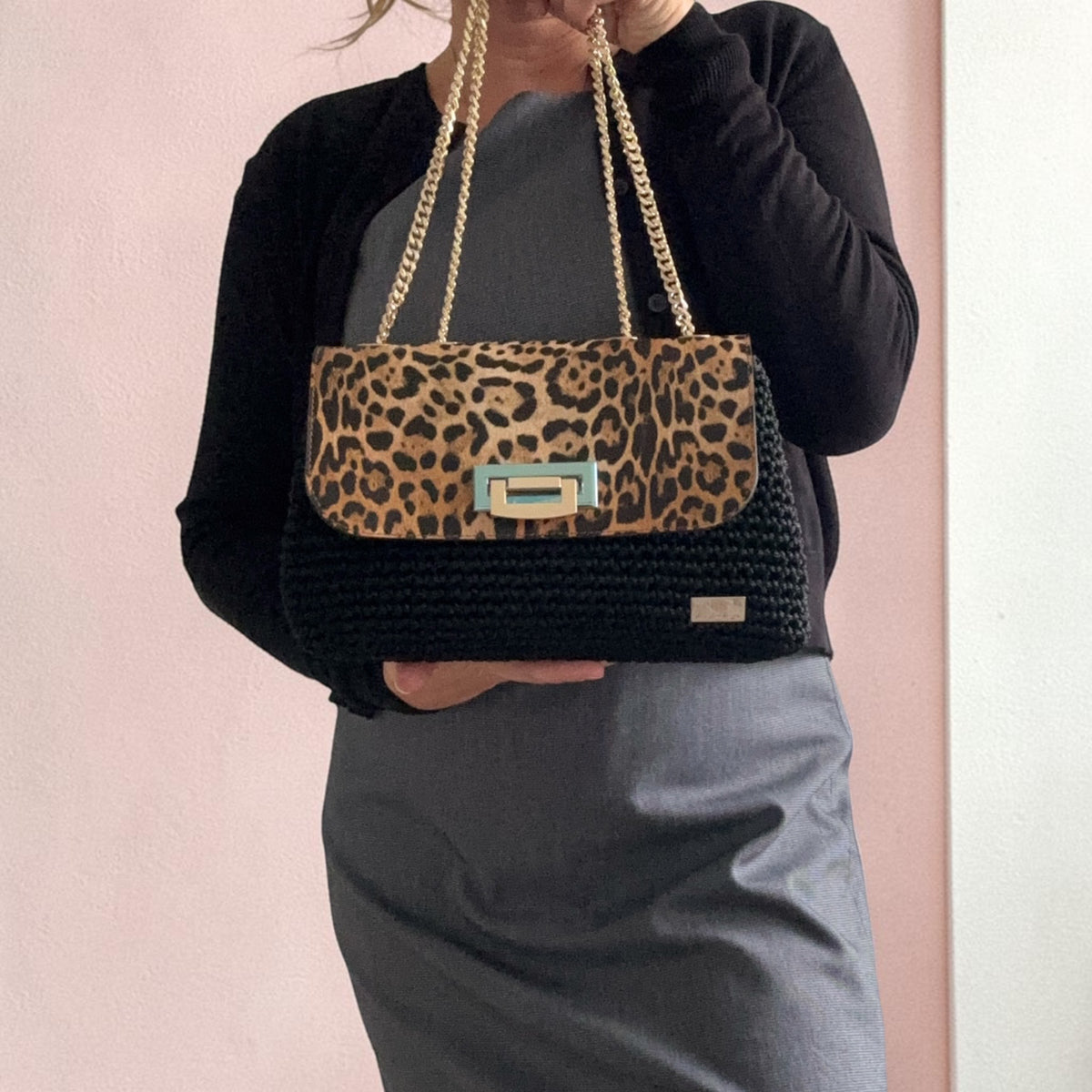 Black Crochet Shoulder Bag with Leopard-Print Eco-Leather Flap