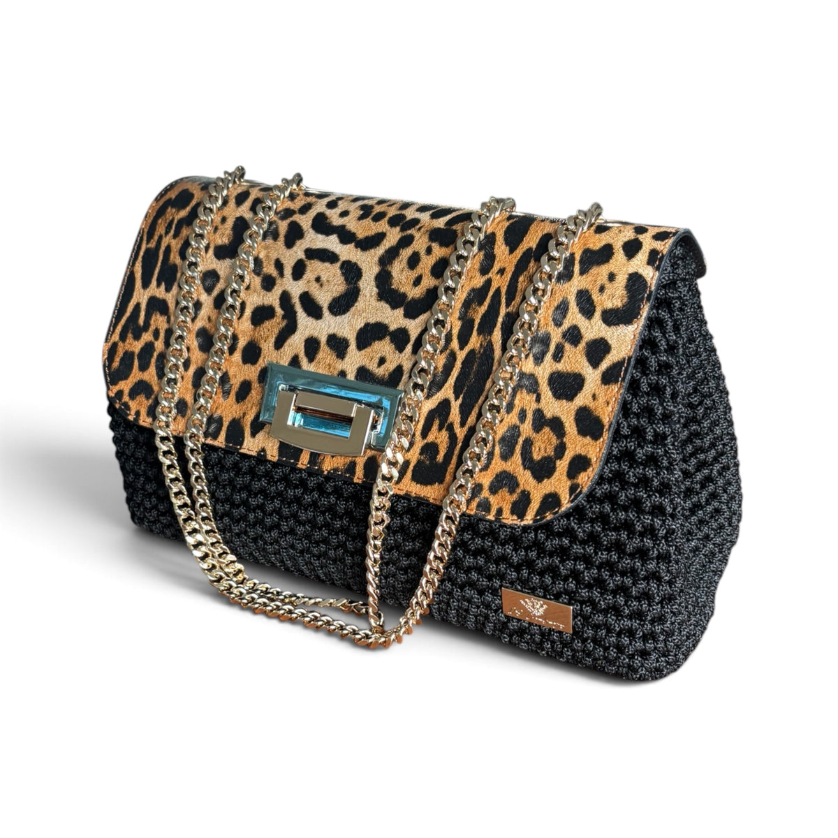 Black Crochet Shoulder Bag with Leopard-Print Eco-Leather Flap