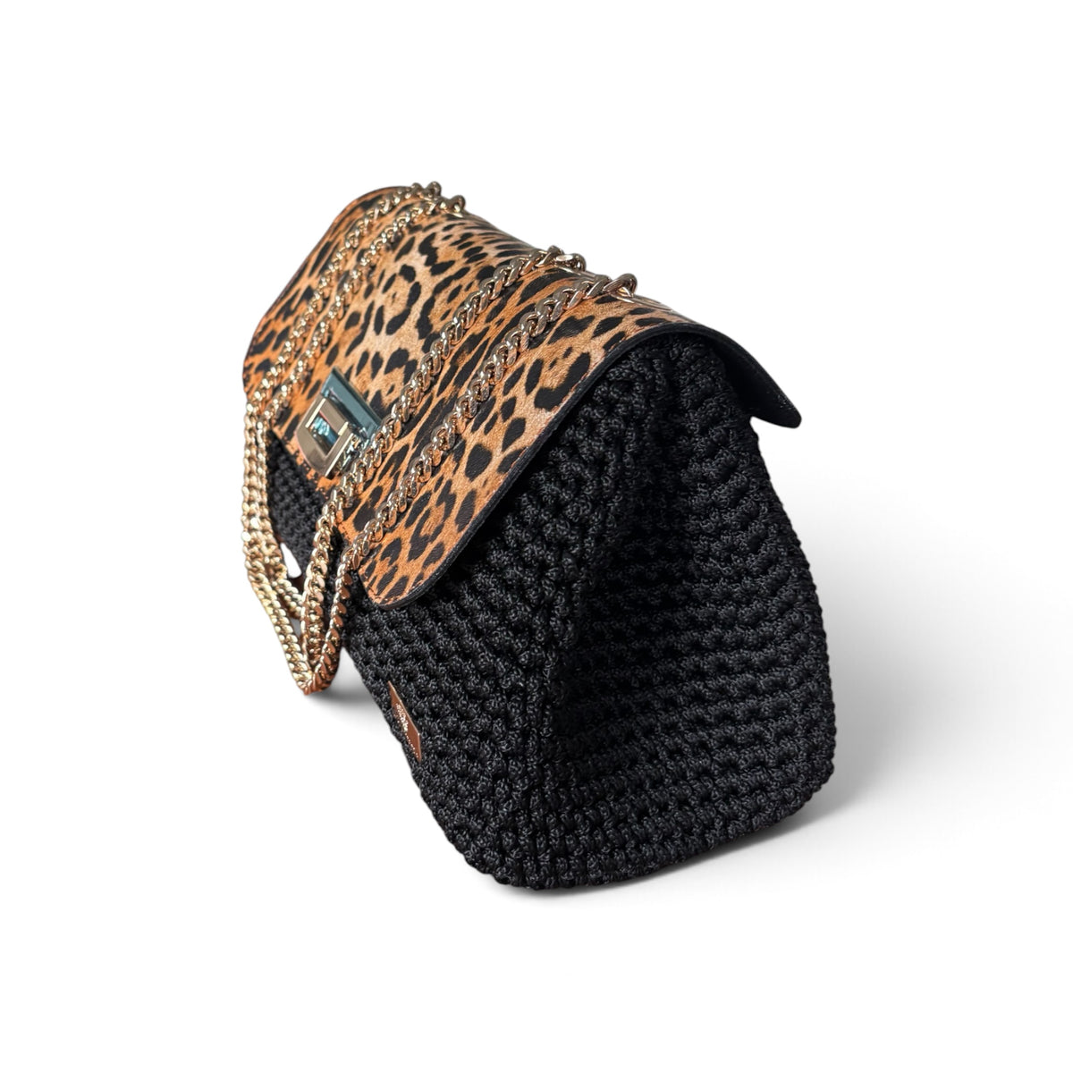 Black Crochet Shoulder Bag with Leopard-Print Eco-Leather Flap