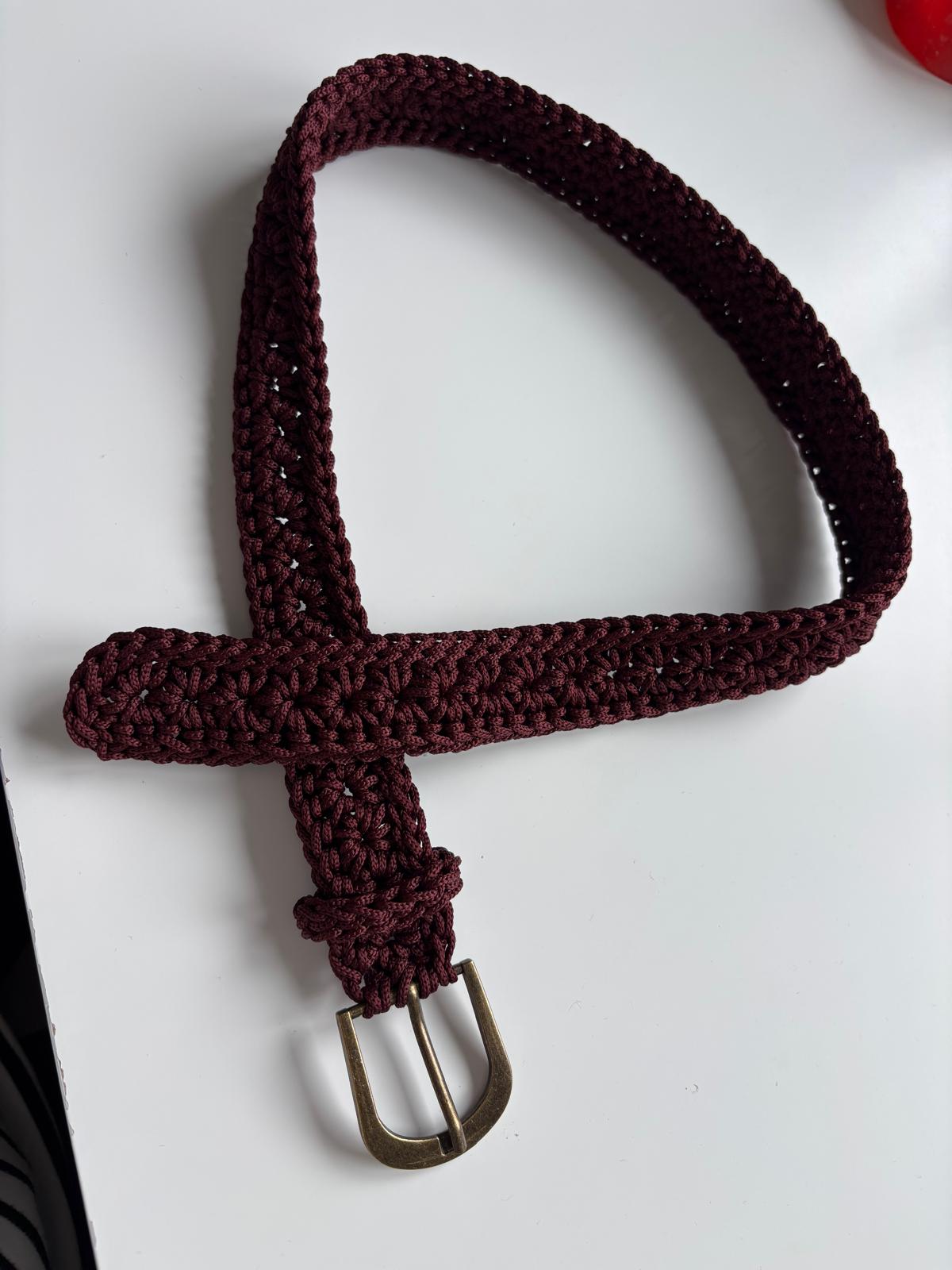 Handmade Crochet Belt – Deep Burgundy with Bronze Buckle