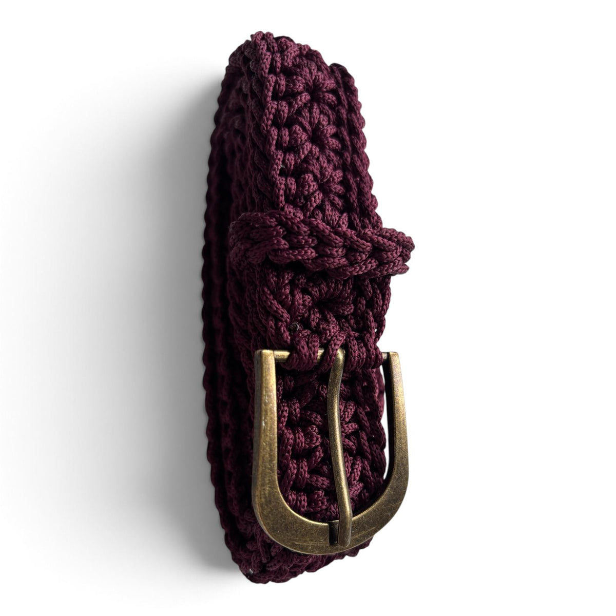 Handmade Crochet Belt – Deep Burgundy with Bronze Buckle