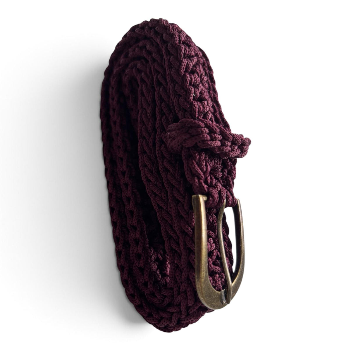 Handmade Crochet Belt – Deep Burgundy with Bronze Buckle
