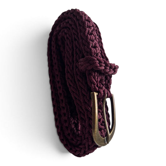 Handmade Crochet Belt – Deep Burgundy with Bronze Buckle