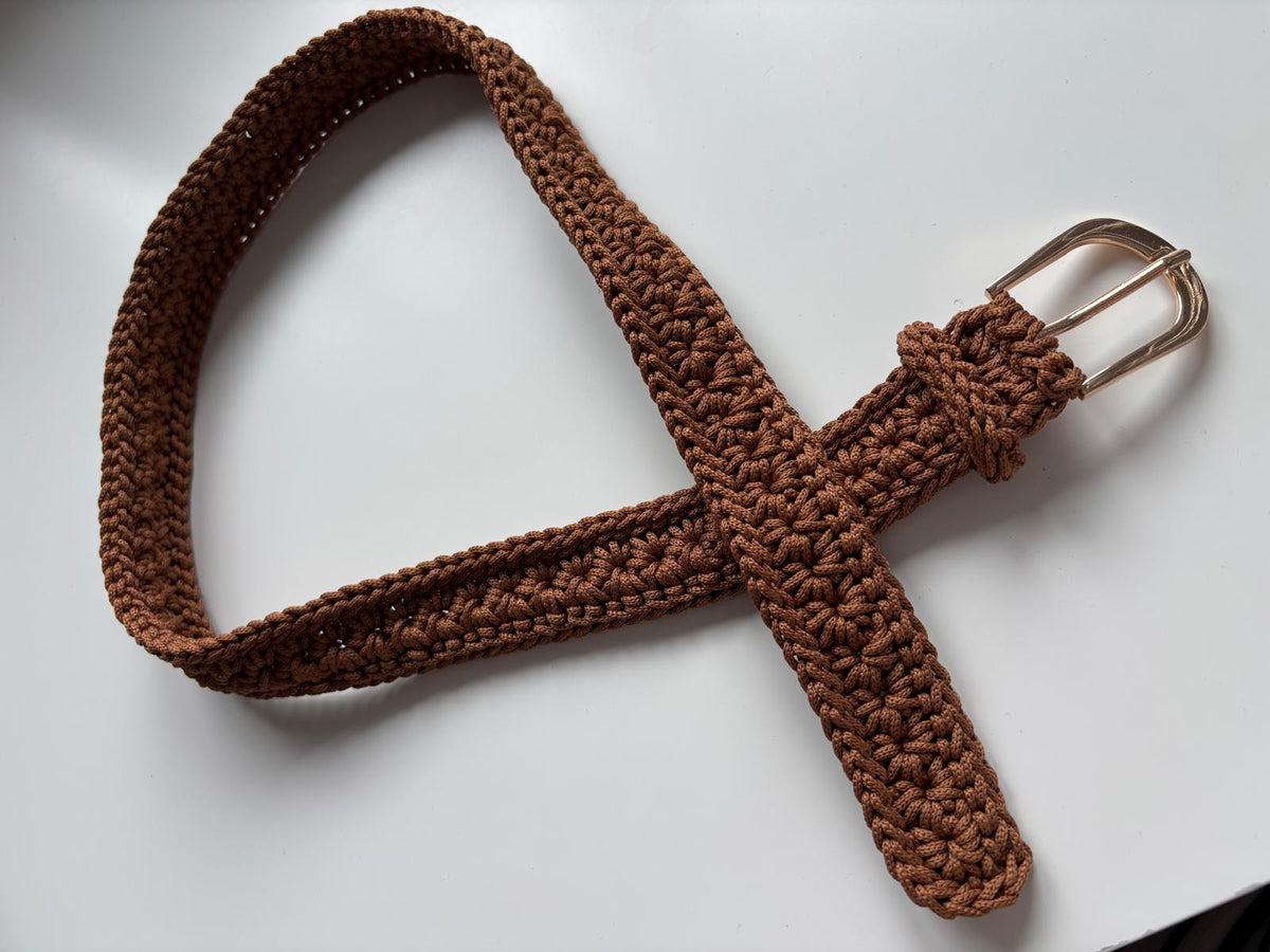 Handmade Crochet Belt – Chocolate Brown with Gold Buckle