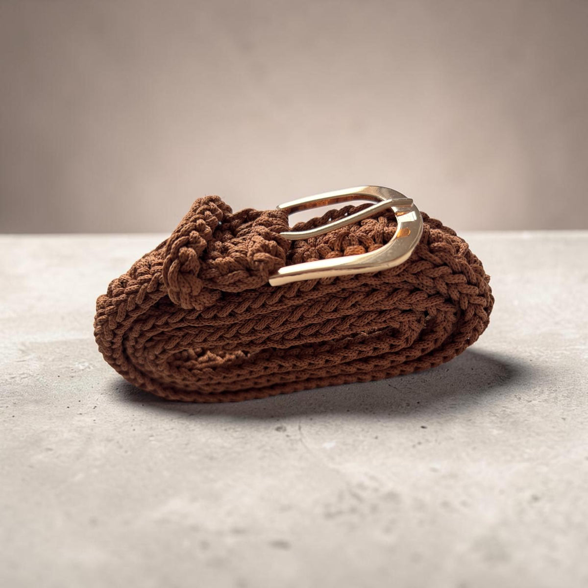 Handmade Crochet Belt – Chocolate Brown with Gold Buckle