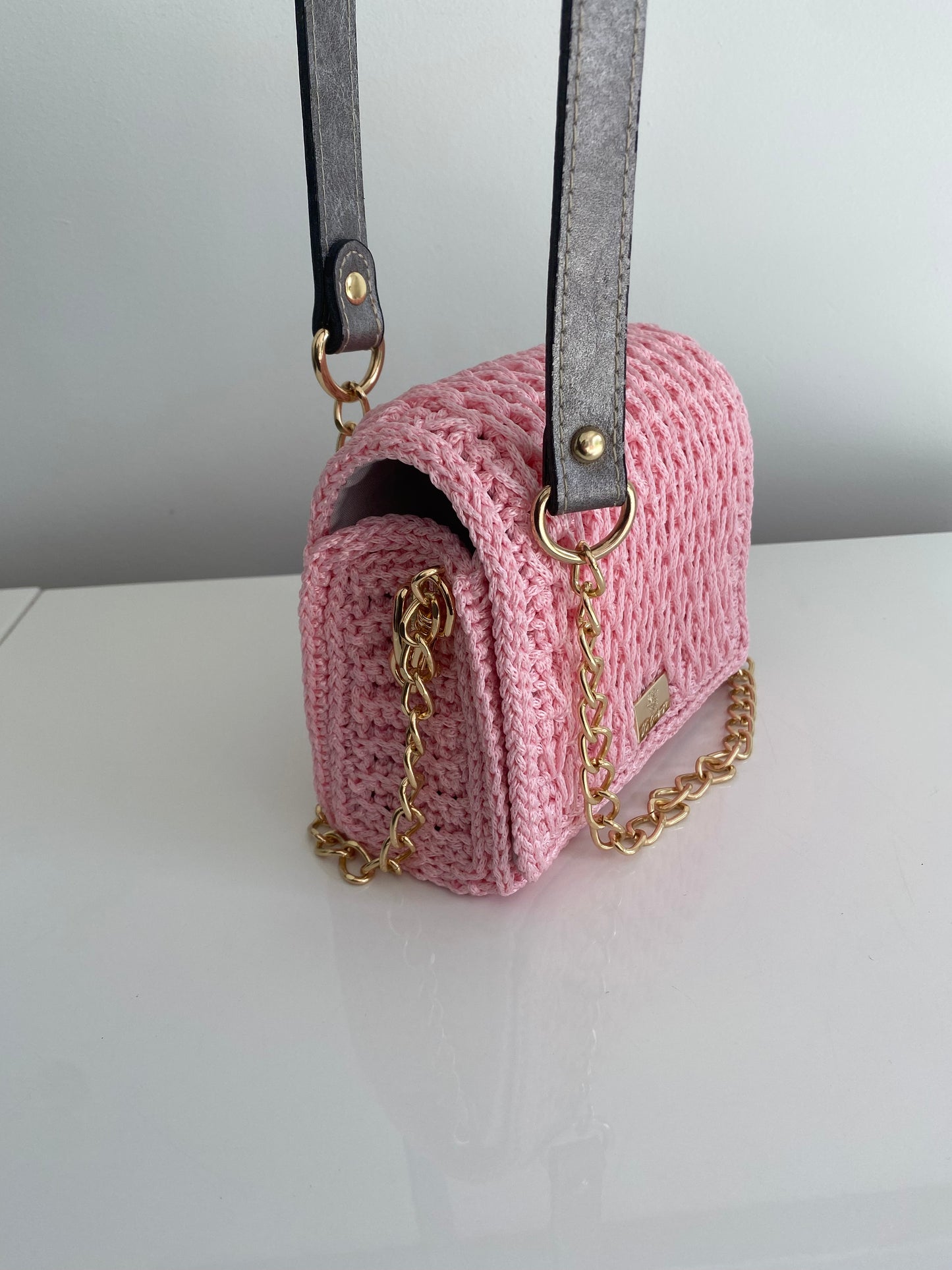 Charming pink colour mini handbag with long gold metal / ECO leather combination chain