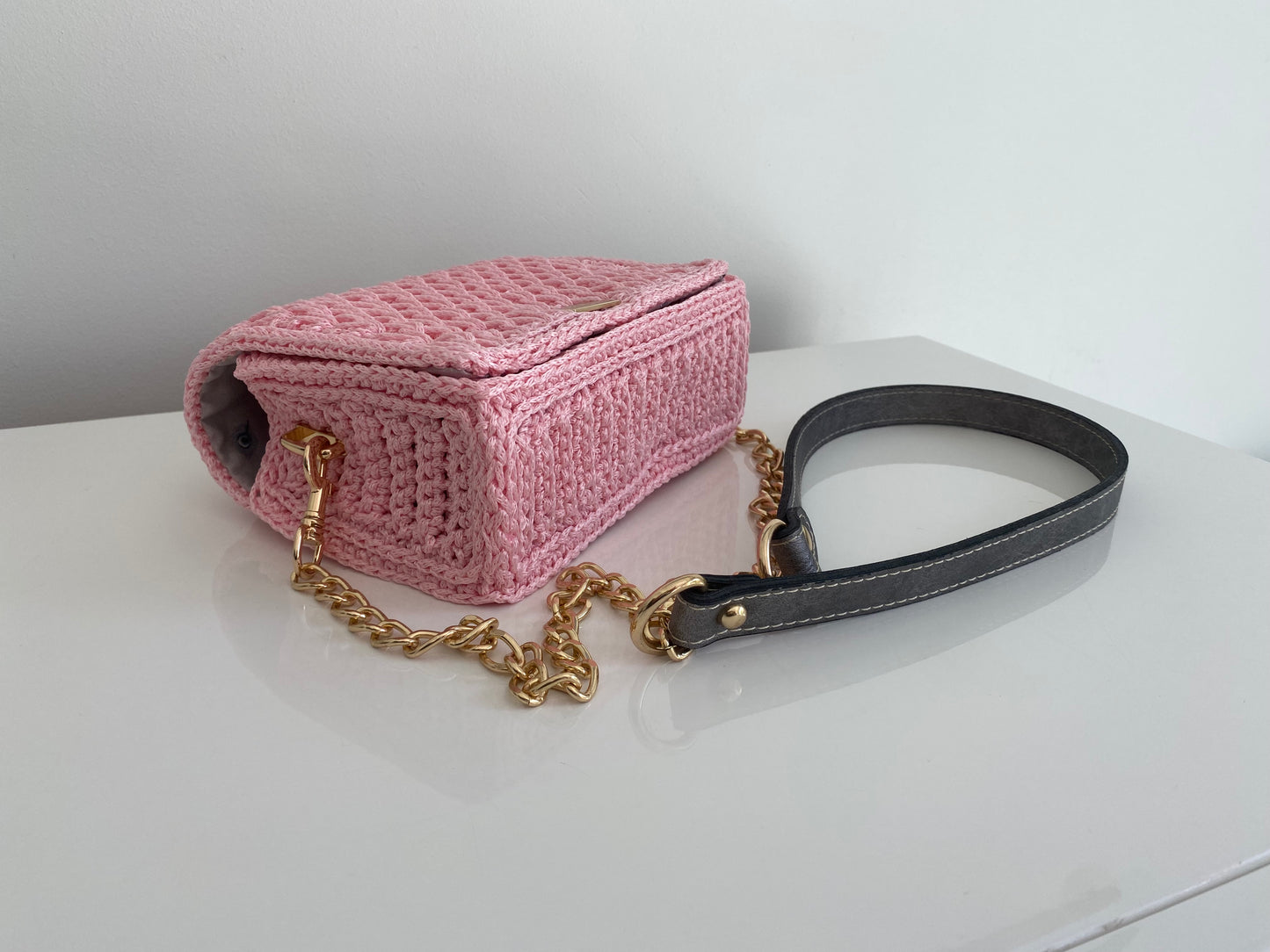 Charming pink colour mini handbag with long gold metal / ECO leather combination chain