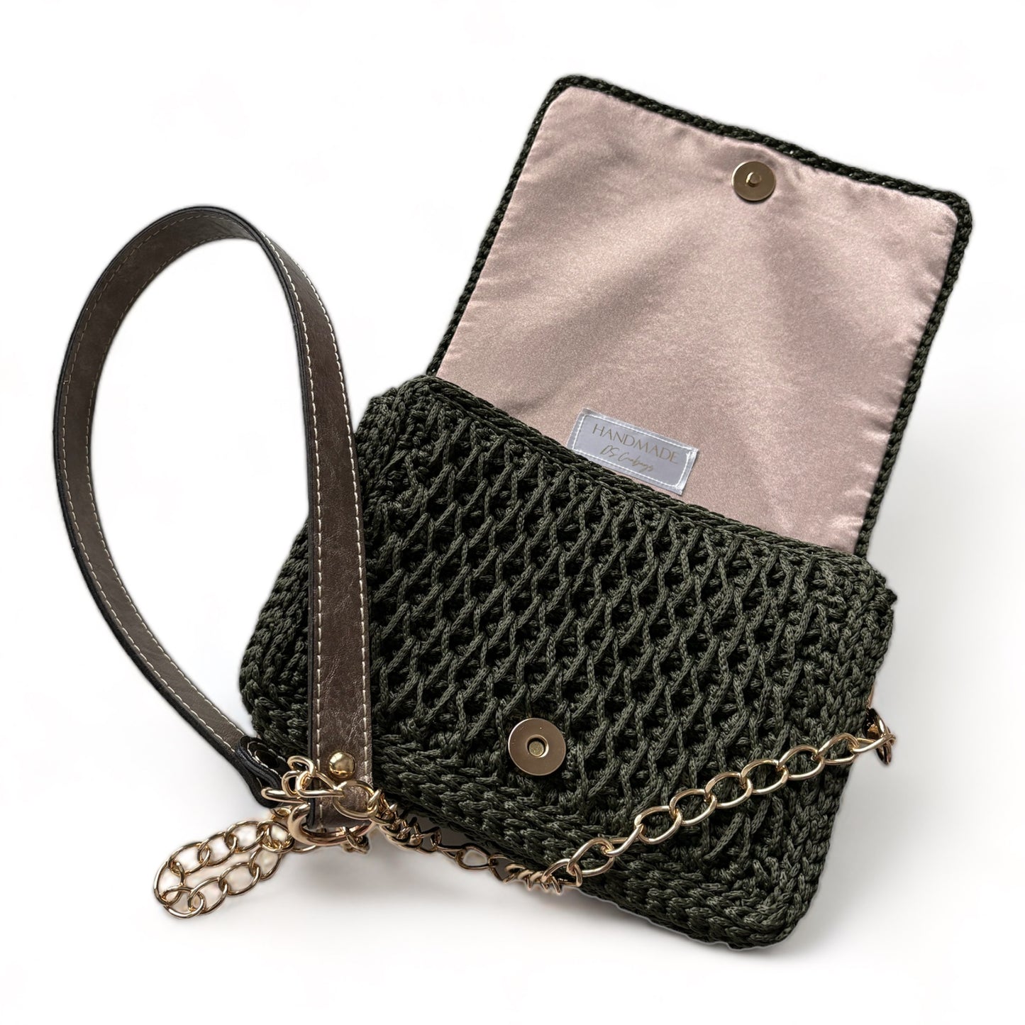 Dark green minimalist handbag with long strap