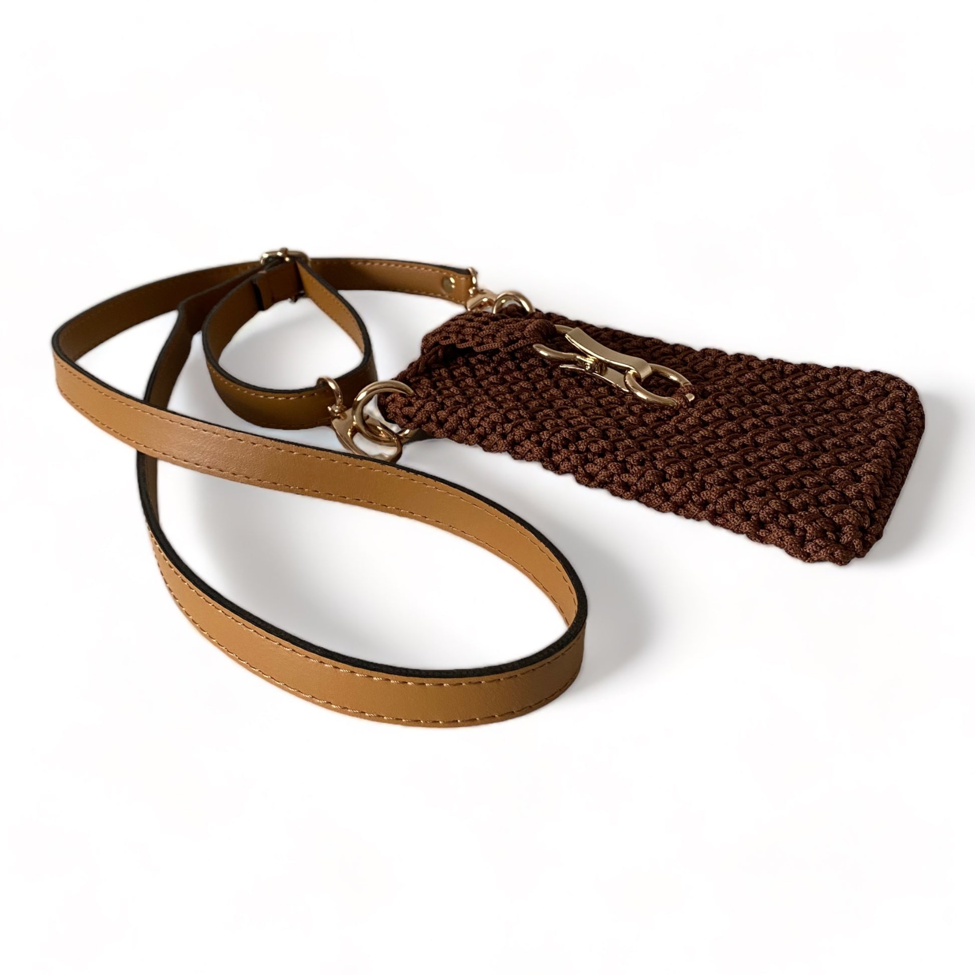 brown crocheted phone case with golden hook closure. Eco lether strap with golden accesoories. Handbag is featured by sew on Logo to ensure the authencity.