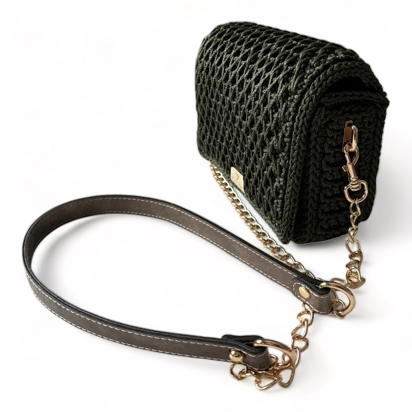 Dark green minimalist handbag with long strap
