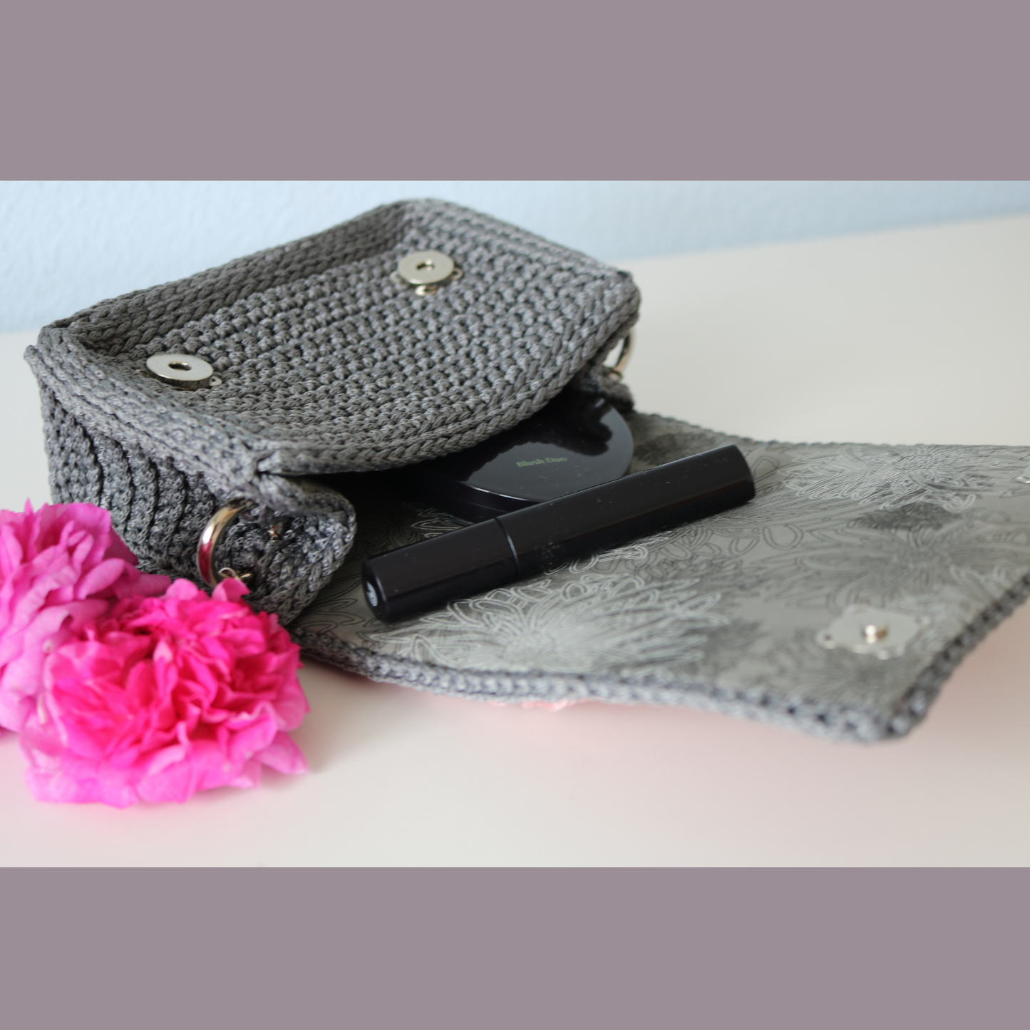 Mini soft pink colour handbag with long silver metal chain