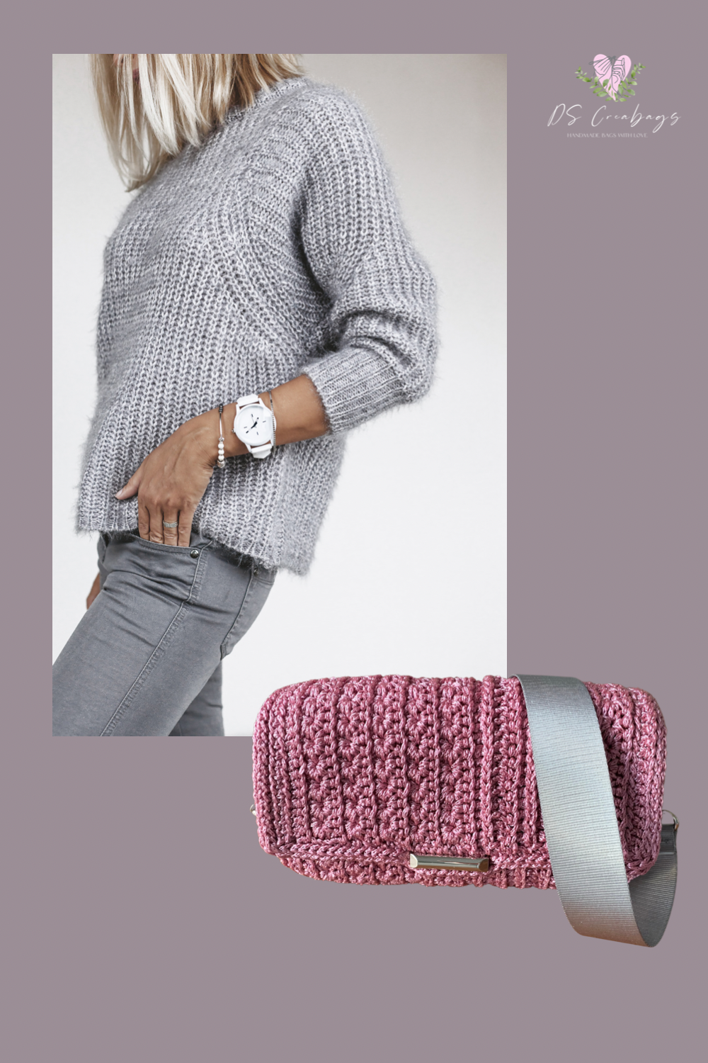 Claudia - Vintage rose shoulder handbag with adjustable and wide fabric strap